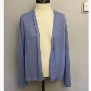 12-24 J Jill Cardigan Sweater Large Petite Linen Blend Open Front Blue NWT